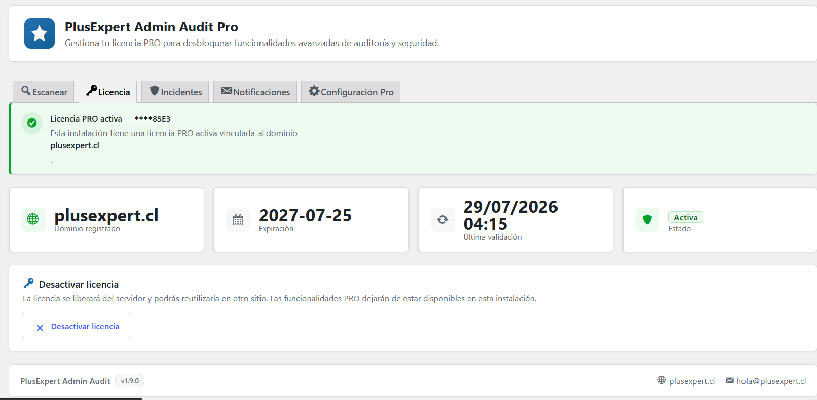 Centro de Seguridad de PlusExpert Admin Audit Pro con módulos de protección