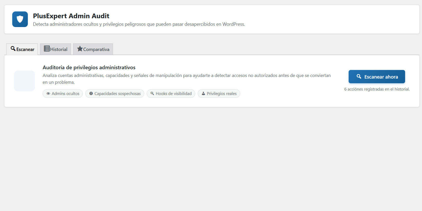 Panel de escaneo de PlusExpert Admin Audit dentro de WordPress