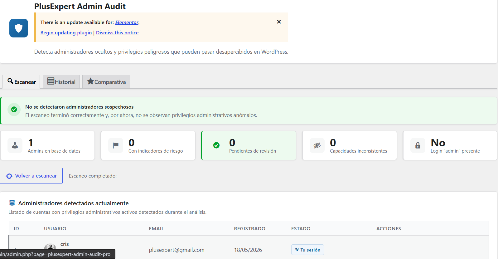 Historial de acciones sobre cuentas administrativas en Admin Audit