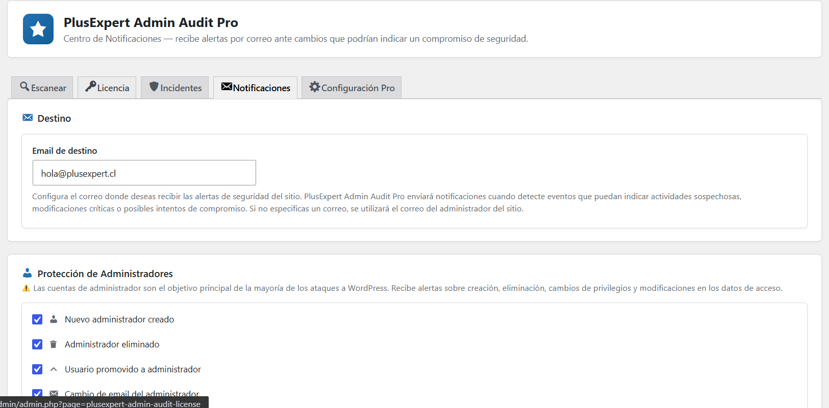 Centro de Incidentes de Admin Audit Pro con severidades y filtros