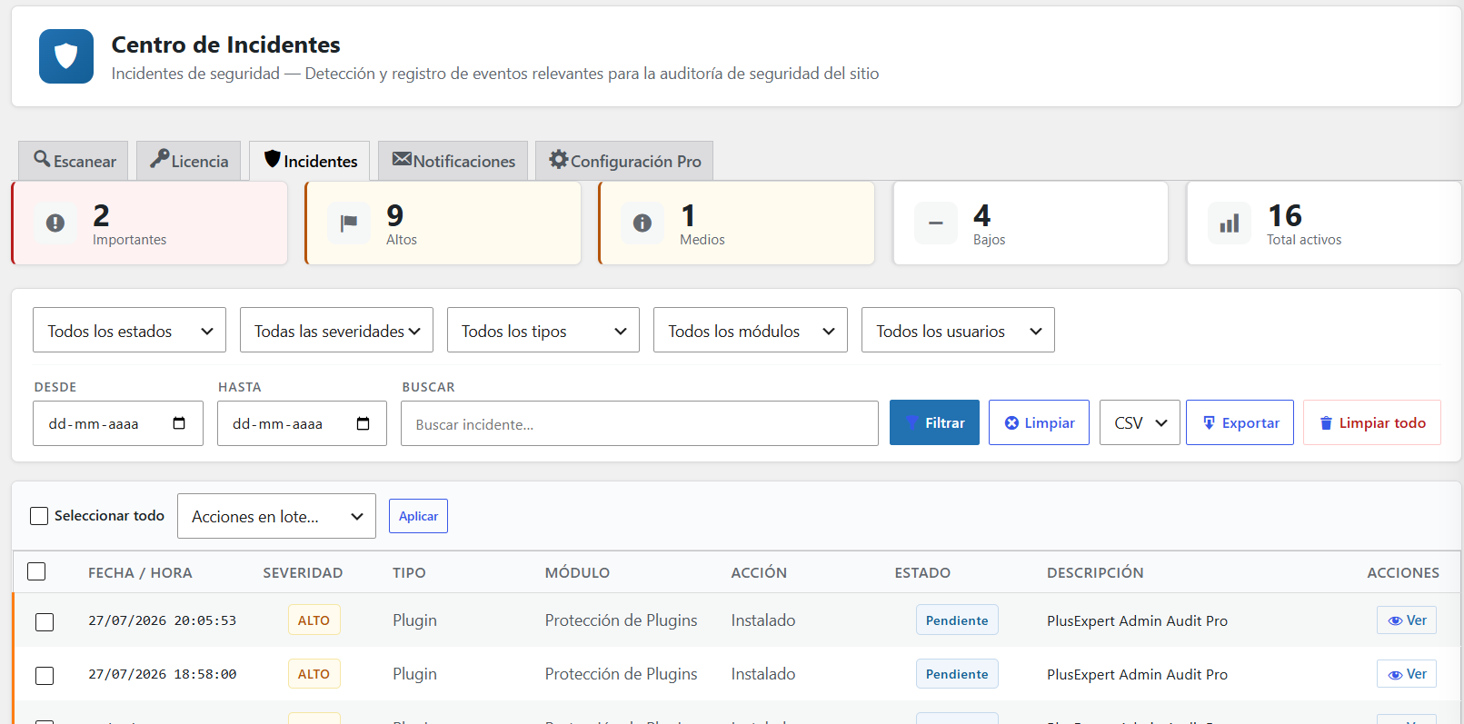 Centro de Notificaciones de Admin Audit Pro con protección de administradores